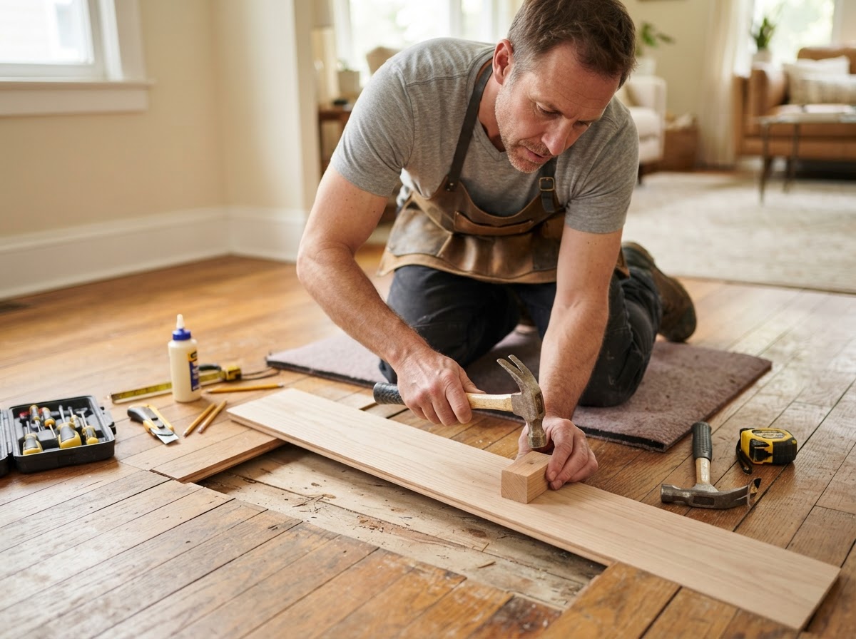 A handyman repairing a damaged wood floor by replacing a cracked plank