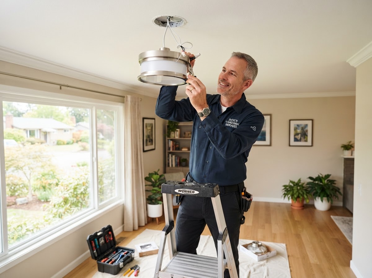 A friendly handyman installing a ceiling light fixture in a bright suburban home