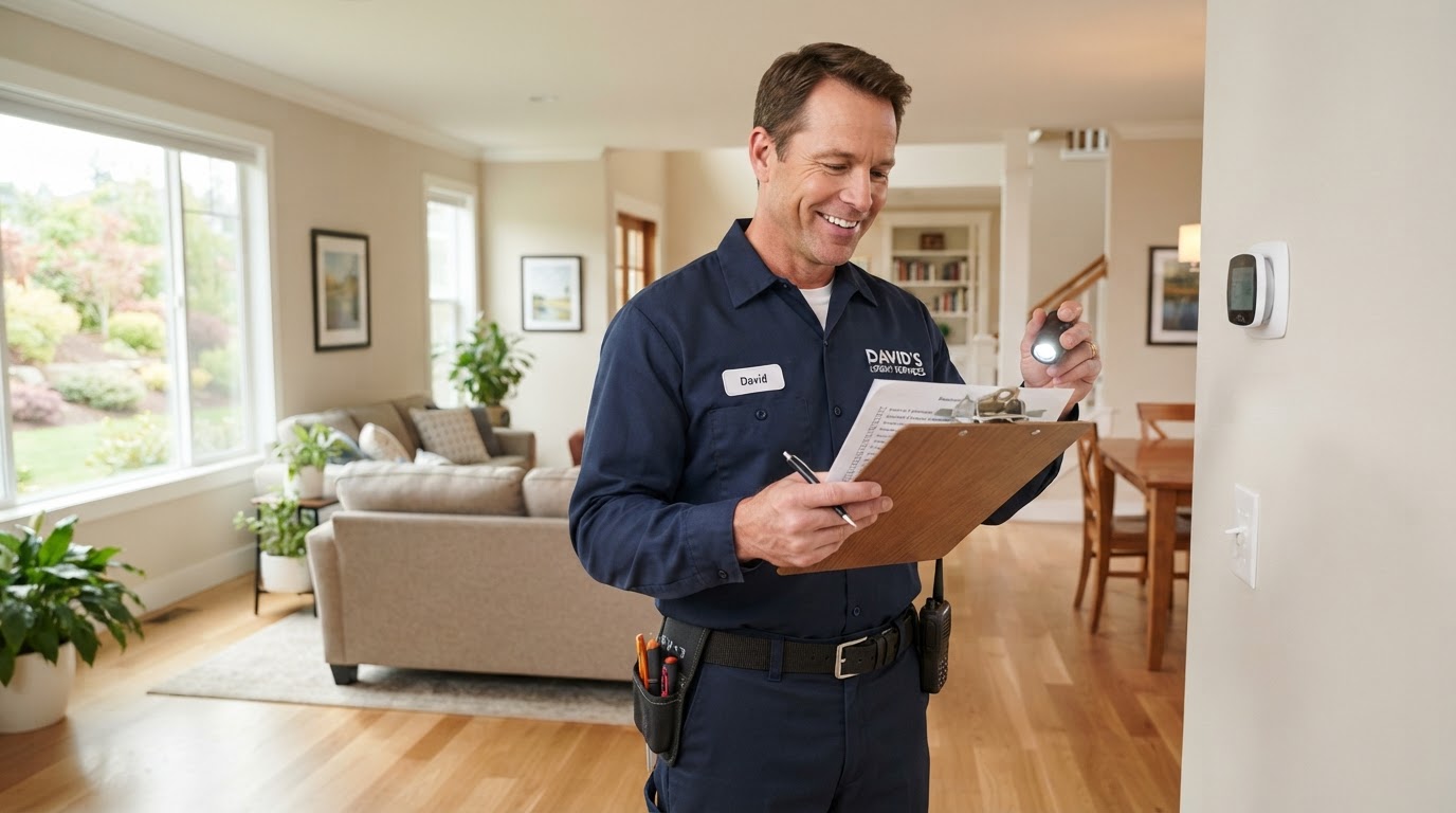 A handyman reviewing a home maintenance checklist in a tidy living room