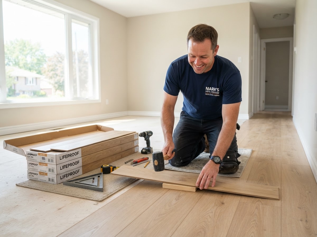 A friendly handyman installing light oak vinyl plank flooring in a bright suburban home