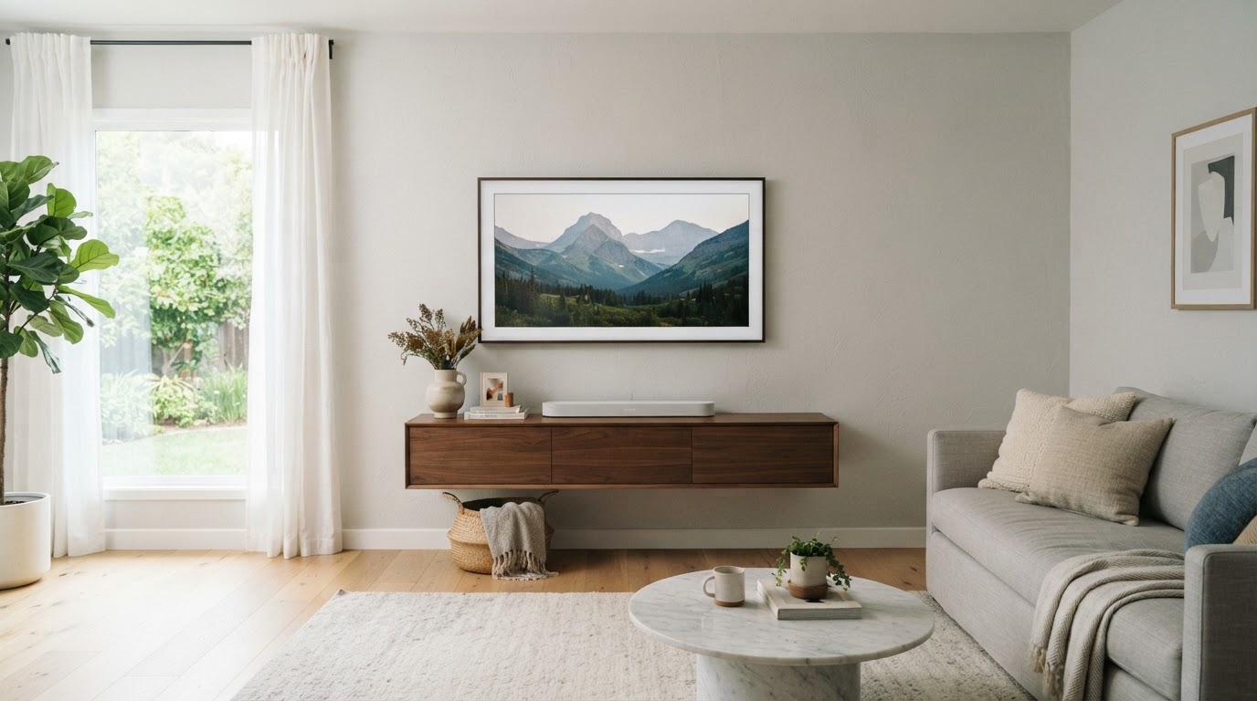 A large flat-screen TV mounted level and securely on a bright suburban living room wall with no visible wires