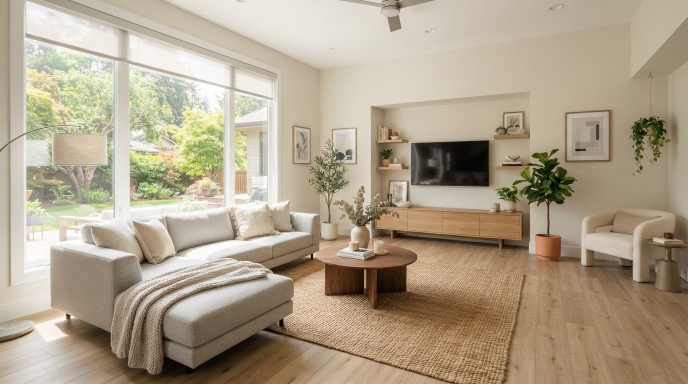 A bright suburban living room with newly installed light oak vinyl plank flooring
