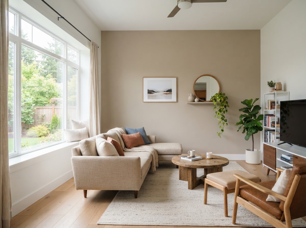 A freshly painted bright living room with clean walls and a warm accent wall