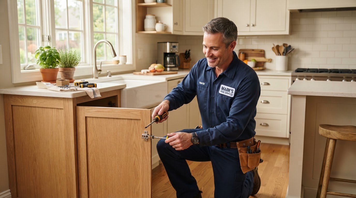 A friendly handyman repairing a cabinet door in a bright suburban kitchen