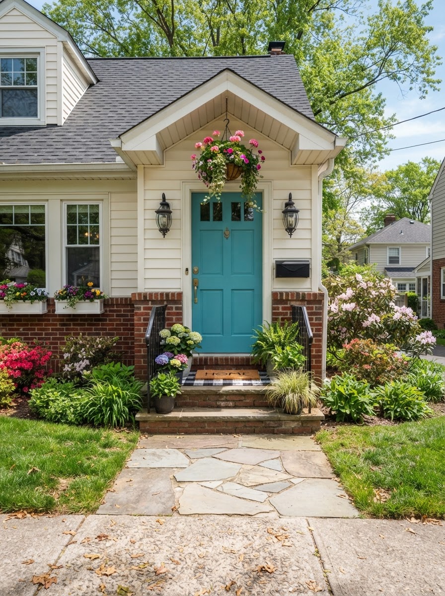 A freshly painted front door in a welcoming color on a suburban home