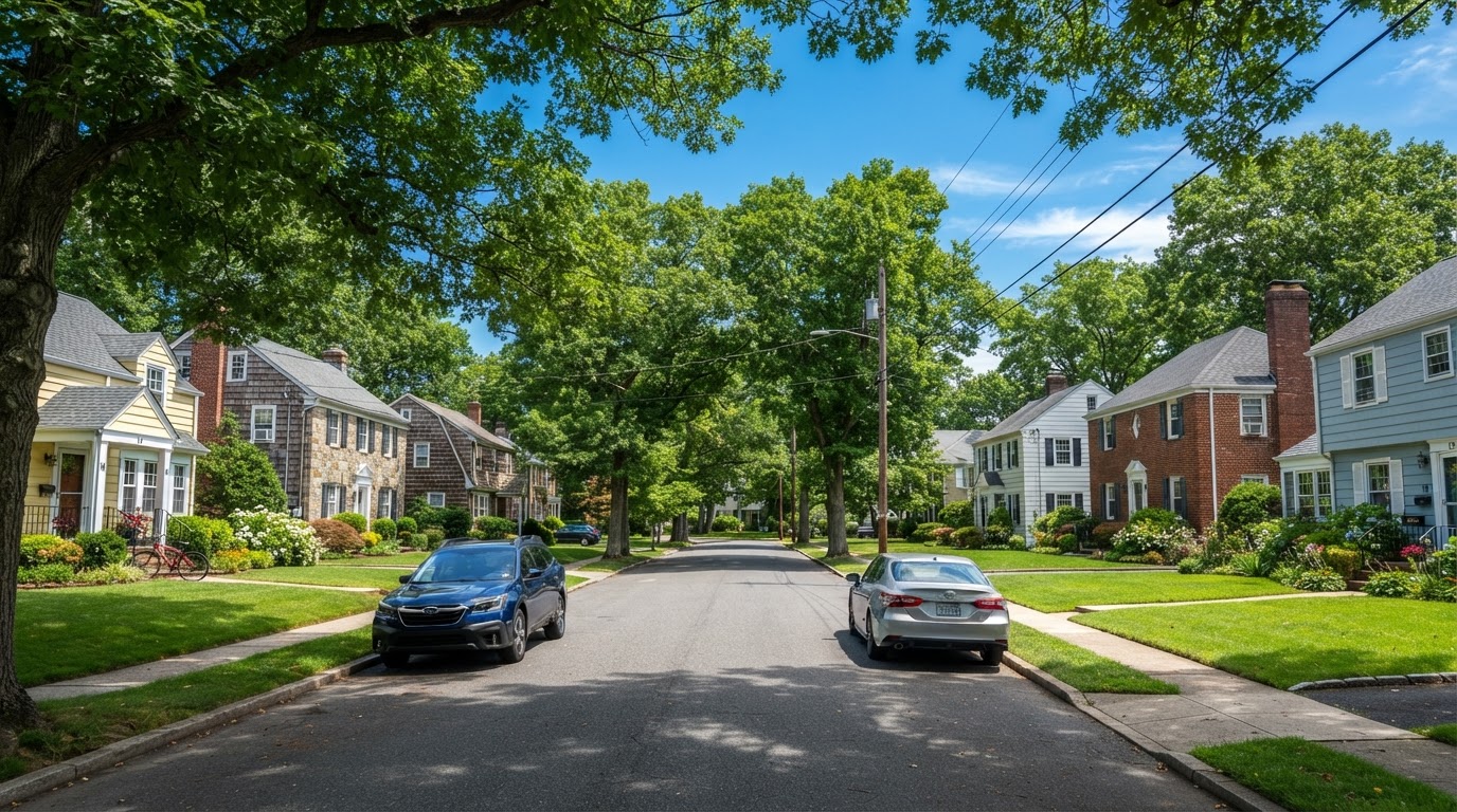 A quiet tree-lined residential street with well-kept single-family homes in South Jersey, New Jersey