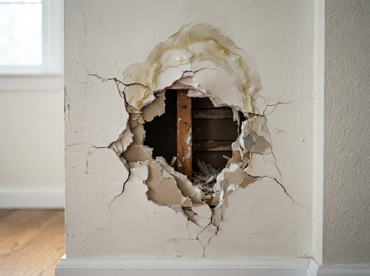 Damaged drywall with a hole, cracks and a water stain