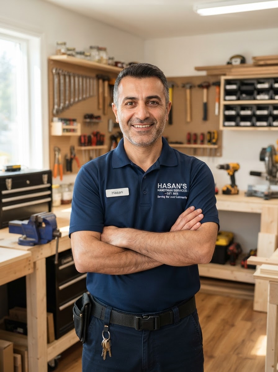 Hasan Atli, owner of Atli Handyman Services, smiling in a tidy workshop