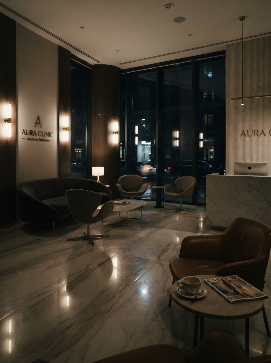 Sala de espera vacía de una clínica de medicina estética premium de noche, luces tenues, sillas vacías