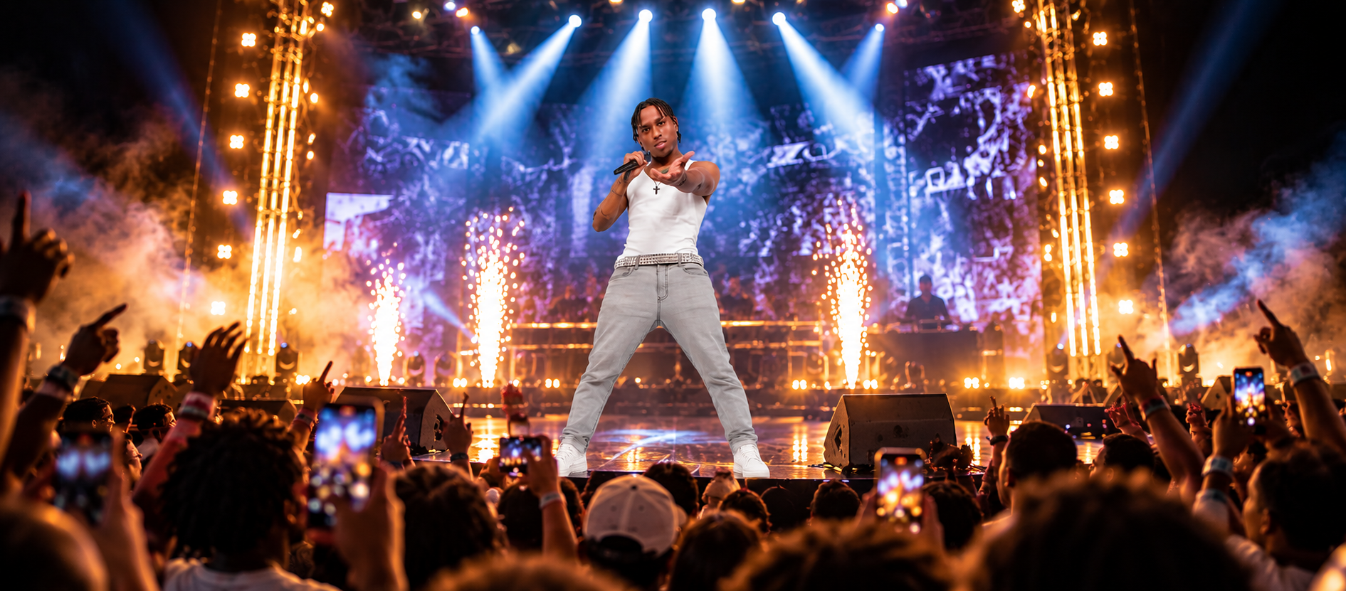 Kris Ray commanding a live stage with arena lighting and pyro