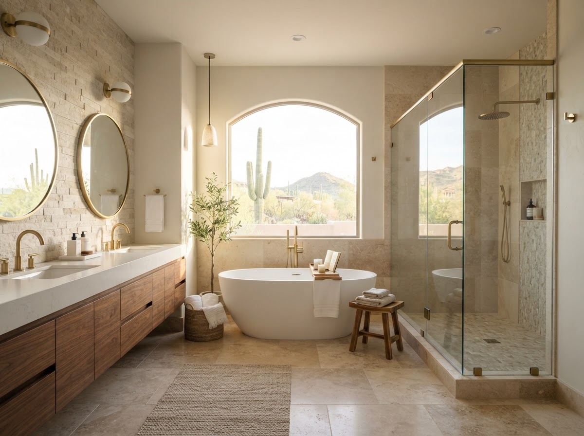 Modern bathroom remodel in Scottsdale AZ with freestanding tub and glass shower by Phoenix Home Remodeling
