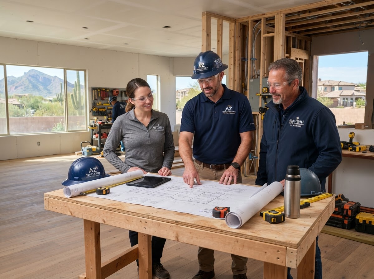 Scottsdale remodeling contractors from Phoenix Home Remodeling reviewing renovation blueprints on site