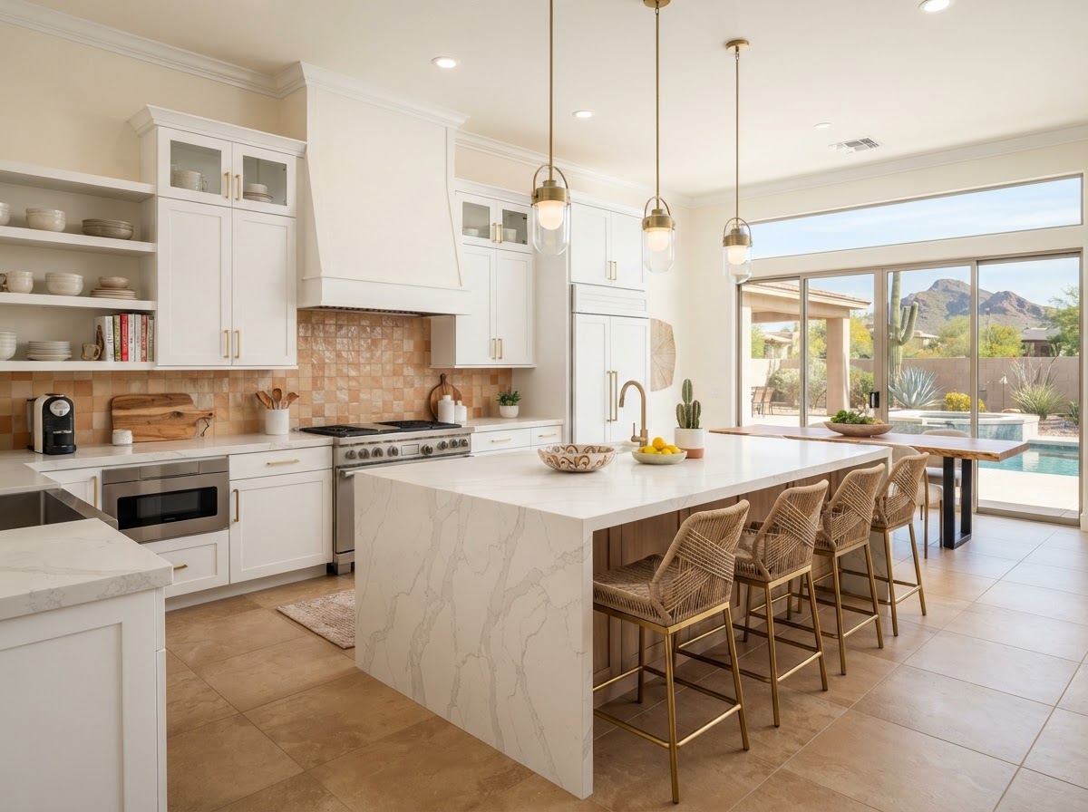 Custom kitchen remodel in Scottsdale AZ with quartz waterfall island by Phoenix Home Remodeling