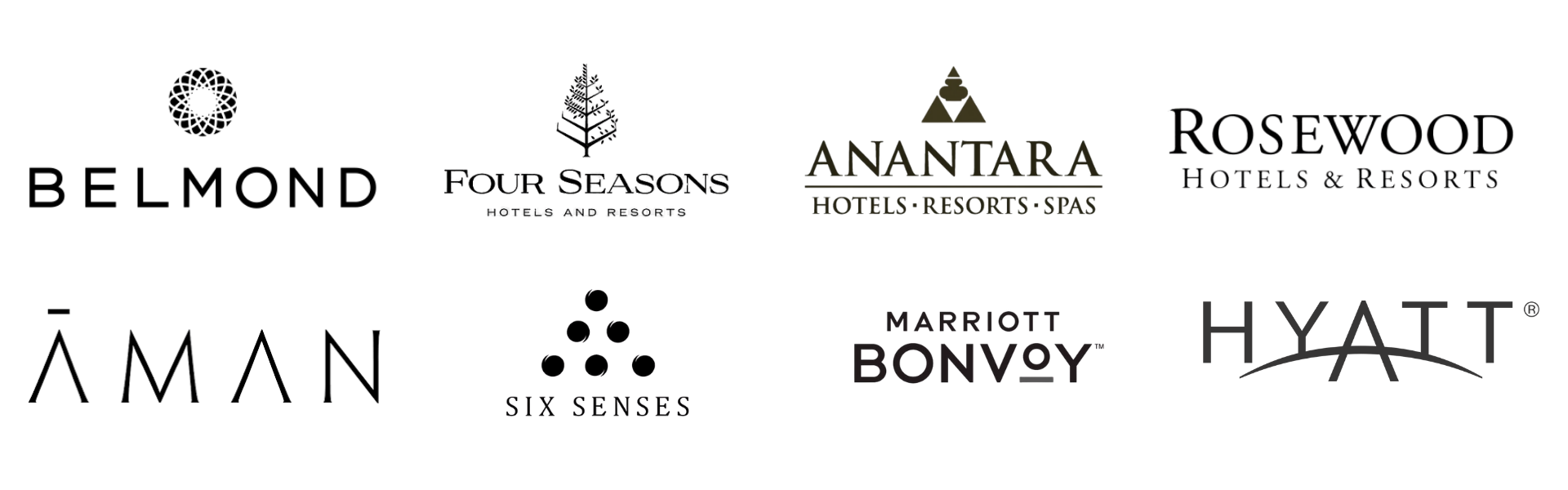Logos de aliados de ultra lujo: Belmond, Four Seasons, Anantara, Rosewood, Aman, Six Senses, Marriott Bonvoy, Hyatt