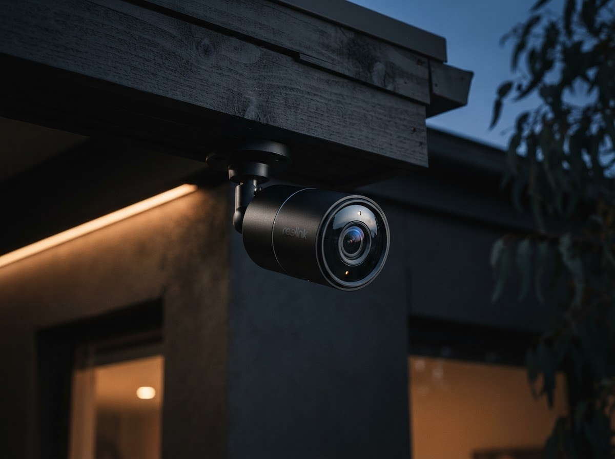Close-up of a Dahua TiOC Pro security camera with active deterrence mounted under the eave of a modern home