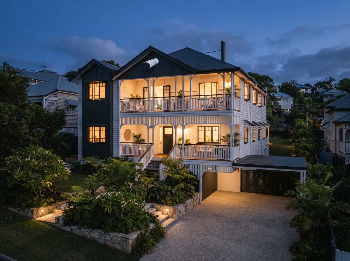 Professionally installed security camera under the eave of a renovated Paddington Queenslander home in Brisbane