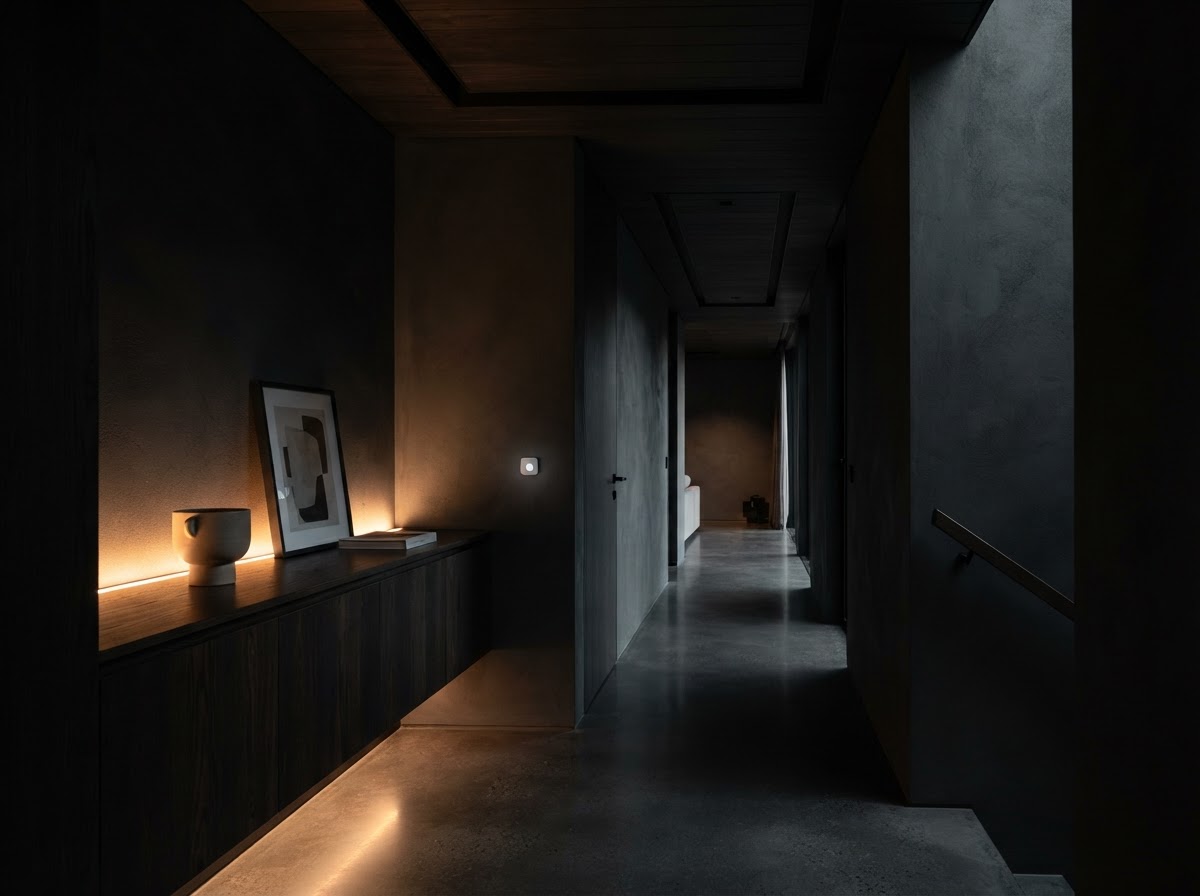 Dark modern hallway with a discreet Dahua AirShield internal intrusion sensor mounted on the wall