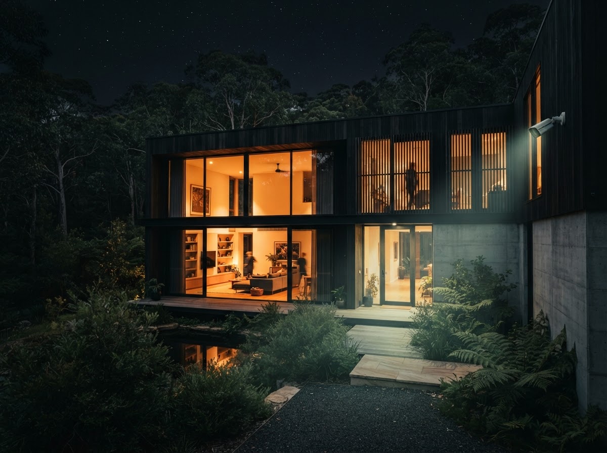 Modern Australian home exterior at night with warm interior light and subtle camera glow