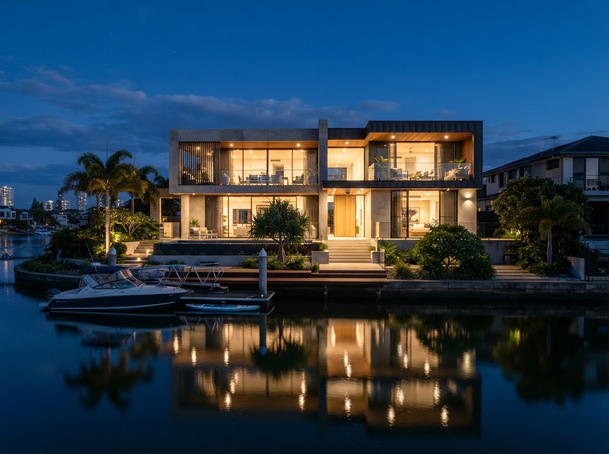 Modern canal-front Gold Coast home suitable for a professional SCKA security system installation