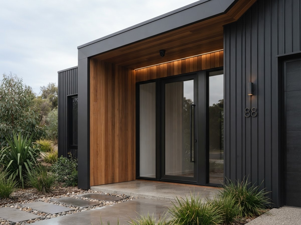 Front entry and eaves of a modern Australian home showing where a security camera would be mounted