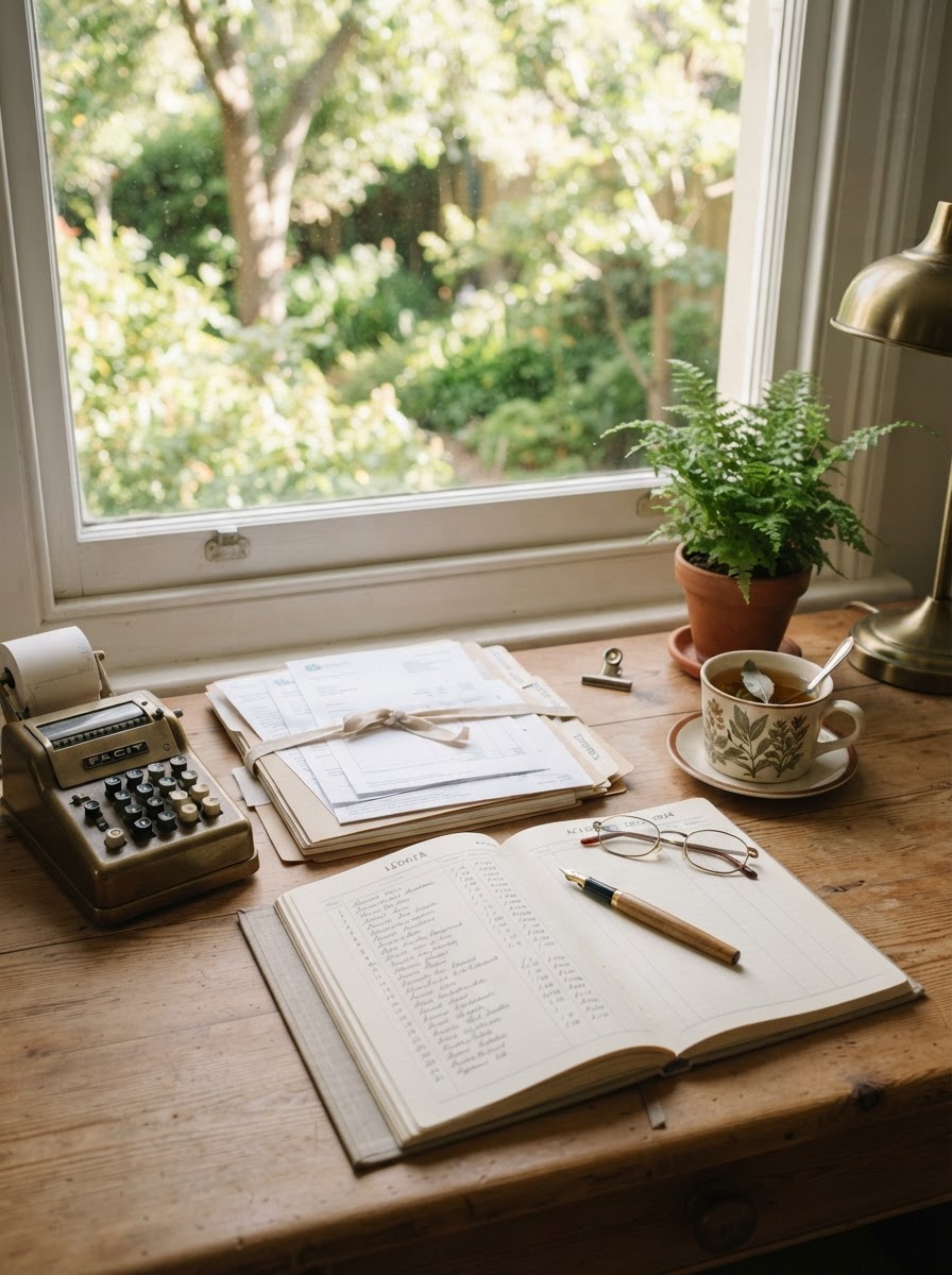 Serene bookkeeping desk with ledger, calculator and documents near a sunlit window with green foliage