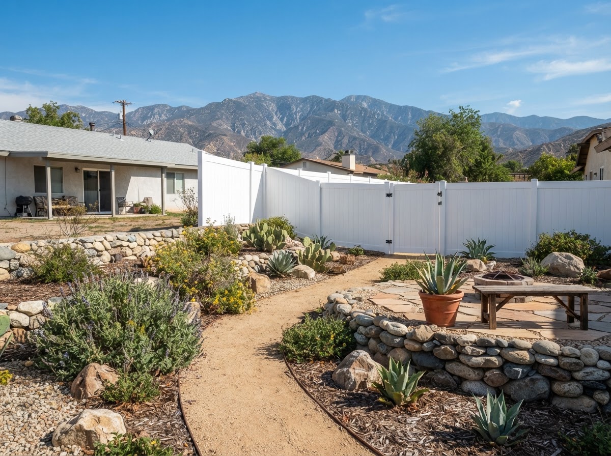 White vinyl privacy fence separating a High Desert backyard