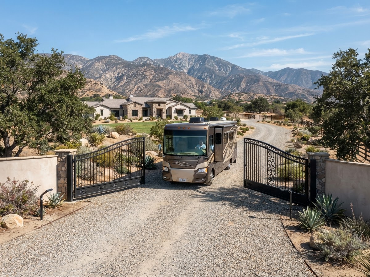 Wide double-drive metal-frame gate open as an RV passes through
