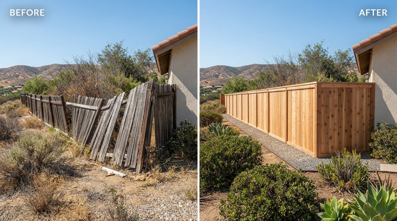 Before and after of an old leaning wood fence replaced with a clean new fence