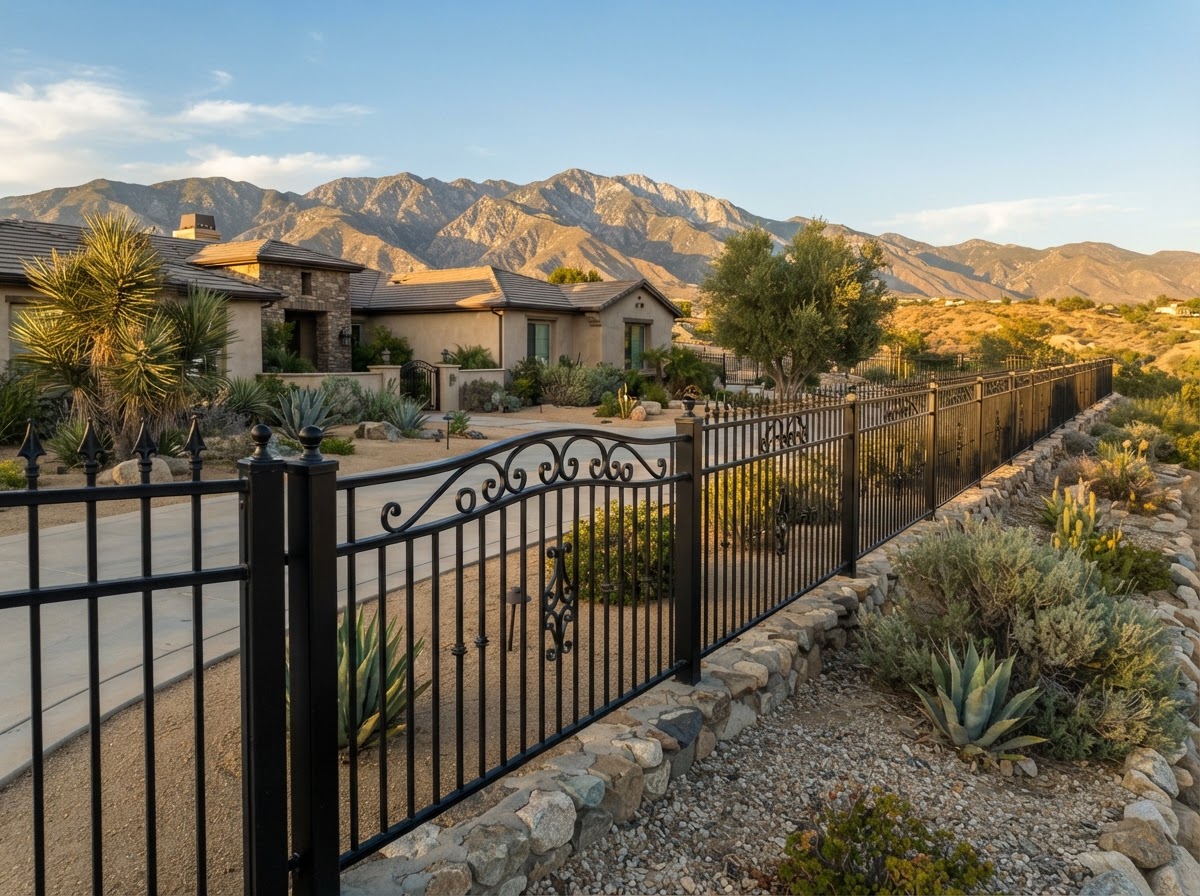 Black ornamental metal fence defining a property boundary