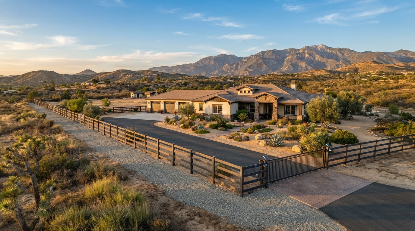 Wide view of a large residential property in Oak Hills with a long fence line, driveway, and distant mountains