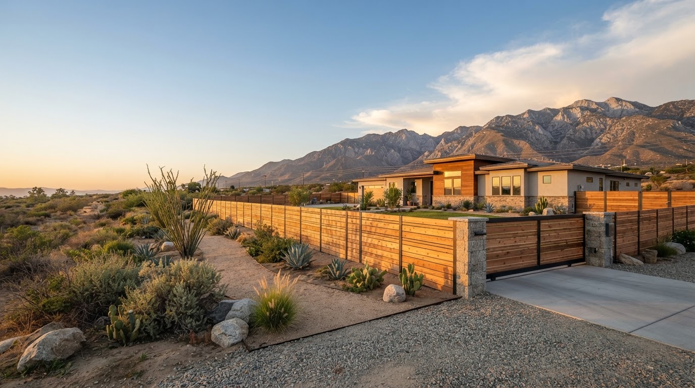 Professionally installed fence on a large residential property in the Southern California High Desert near Oak Hills at golden hour