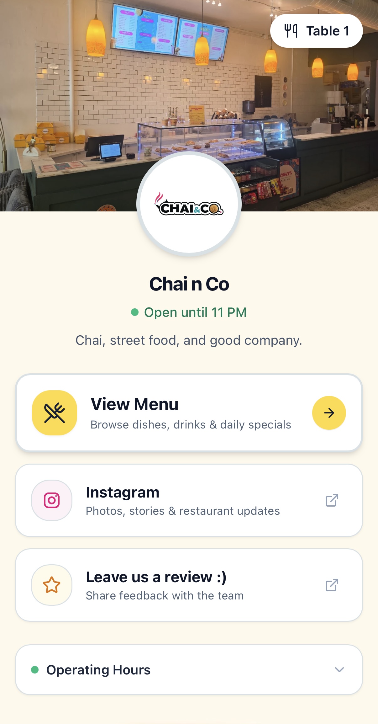 Live TAP guest mobile menu for Chai & Co showing Table 1, menu items, reviews and hours