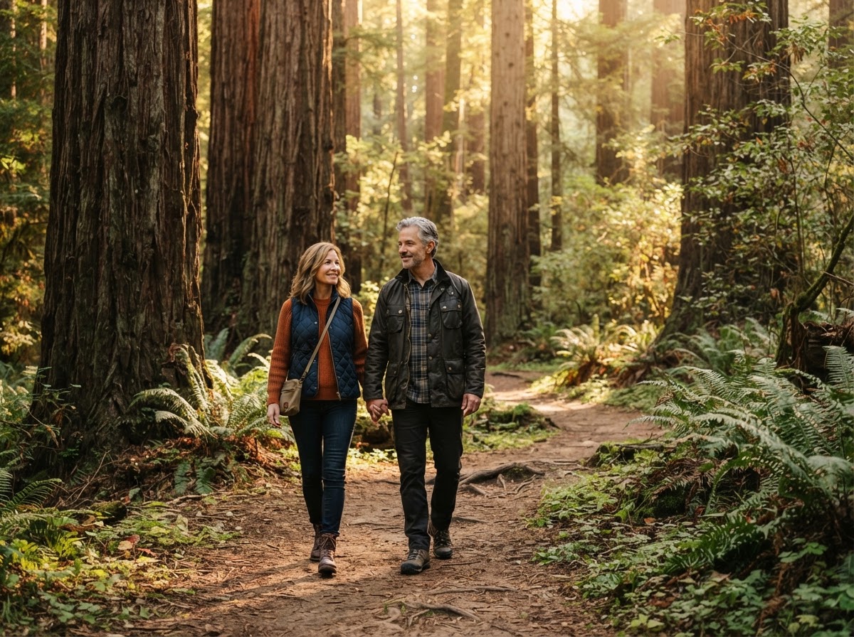 Professional couple walking through Northern California redwood forest