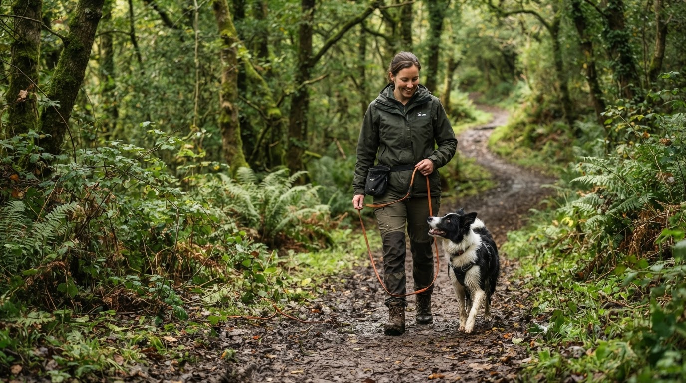 Dog trainer working outdoors with a focused dog in Bridgend woodland