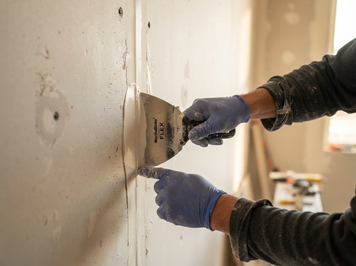 Drywall contractor applying joint compound to a wall seam