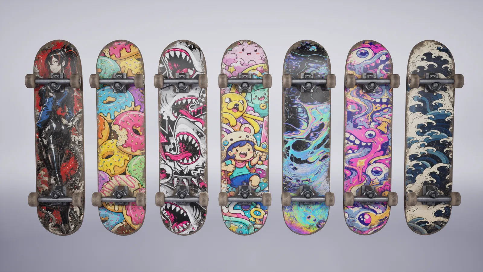 Vista frontal completa de siete skates con diferentes texturas, materiales y acabados 3D
