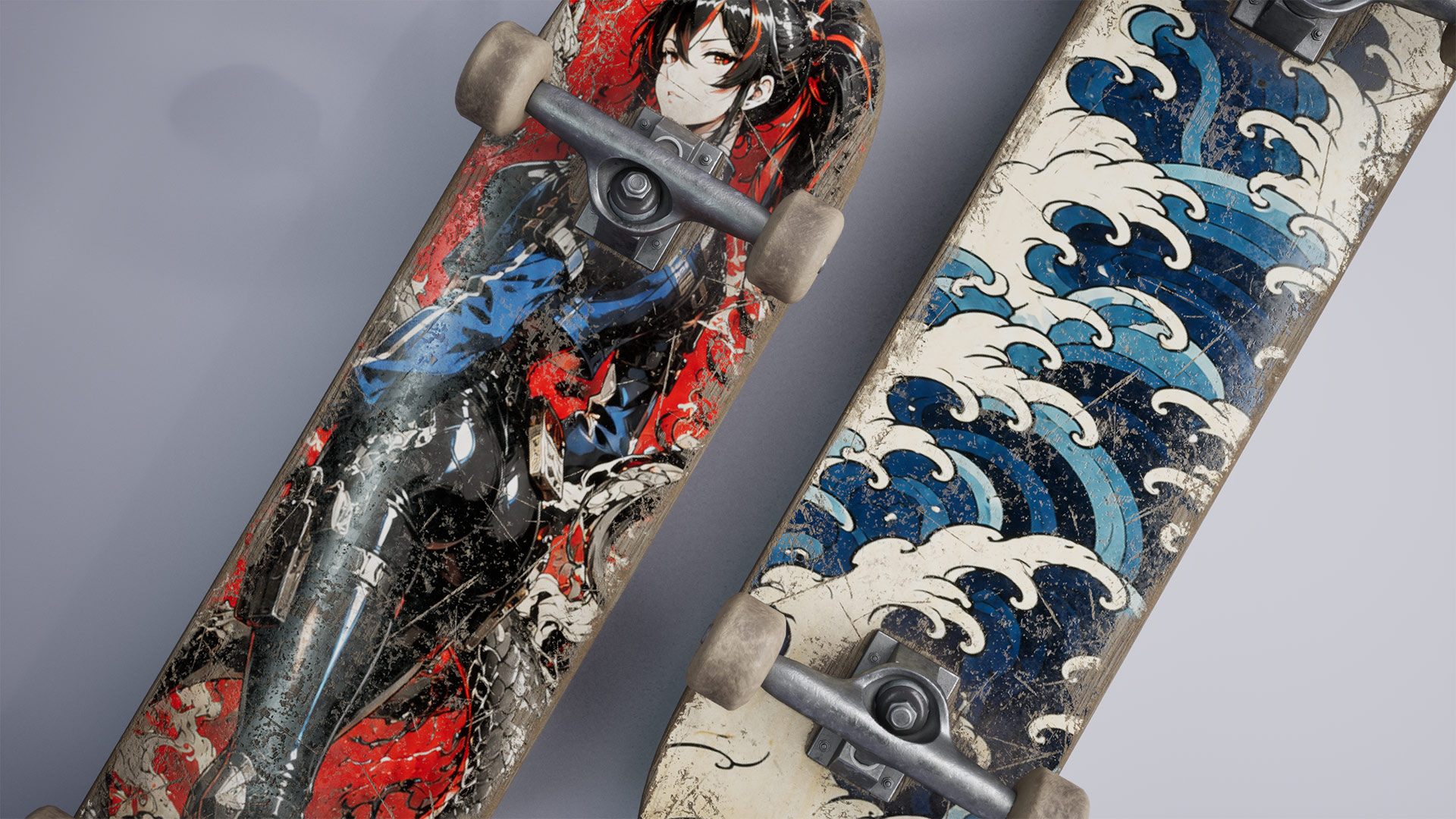 Detalle de render cercano de dos tablas de skate mostrando texturas, materiales y desgaste