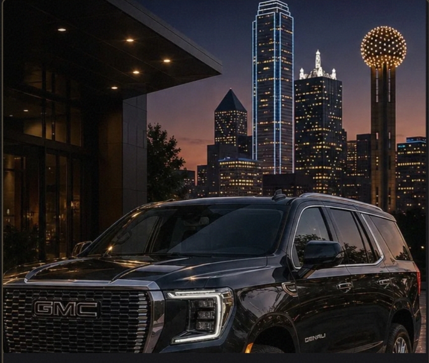 Luxury black SUV chauffeur service in front of Dallas skyline at night