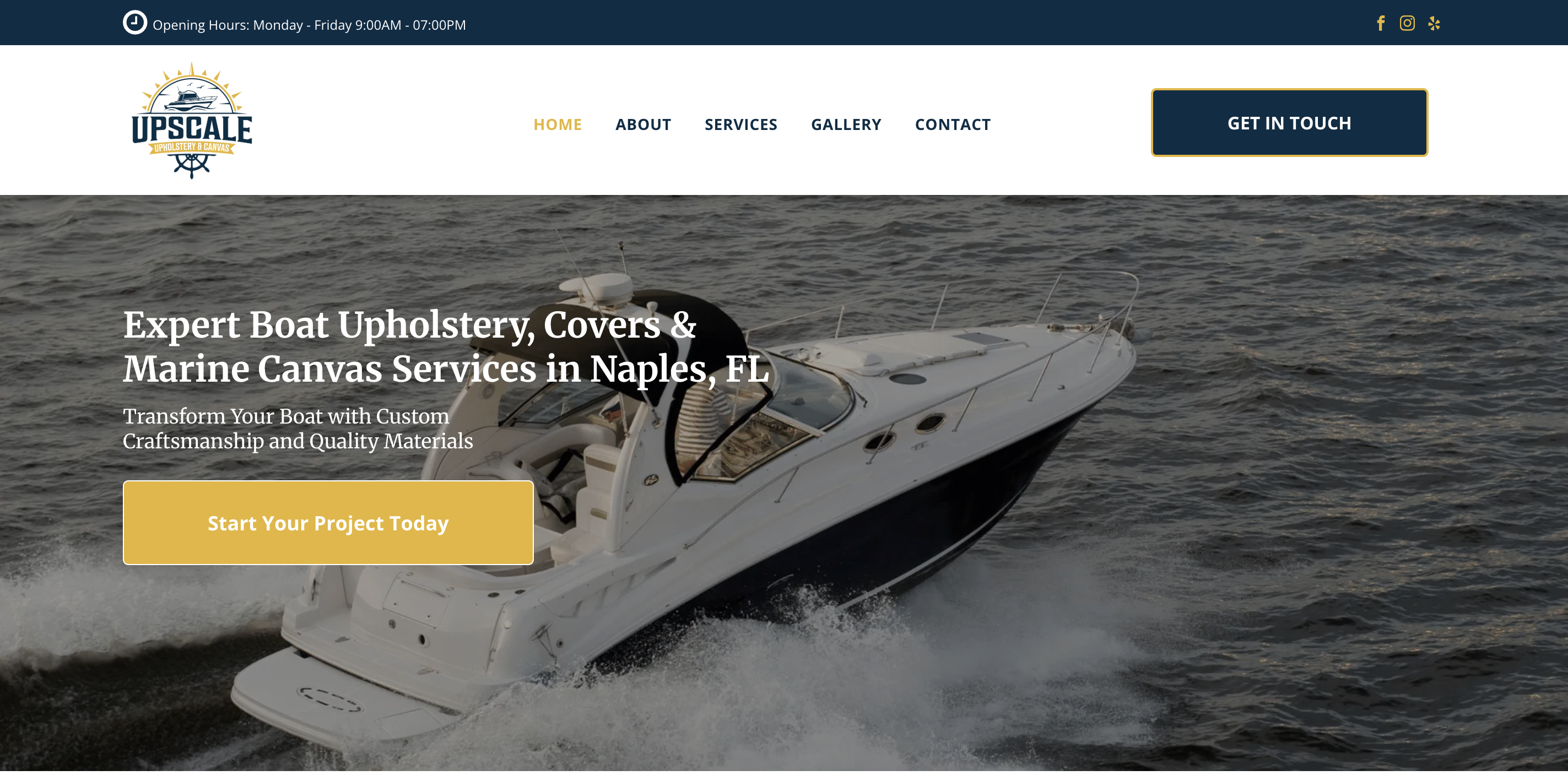 Upscale Upholstery & Canvas website preview displaying boat upholstery and custom marine canvas services in Naples, Florida