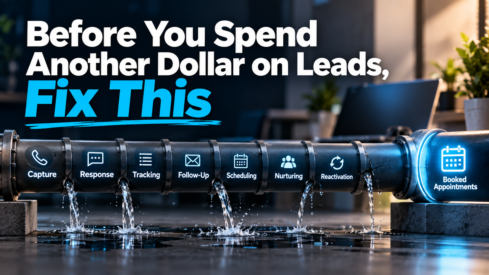 Before You Spend Another Dollar on Leads, Fix This Leaking lead-conversion pipeline showing how opportunities can be lost between capture, response, tracking, follow-up, scheduling, nurturing, reactivation, and booked appointments.