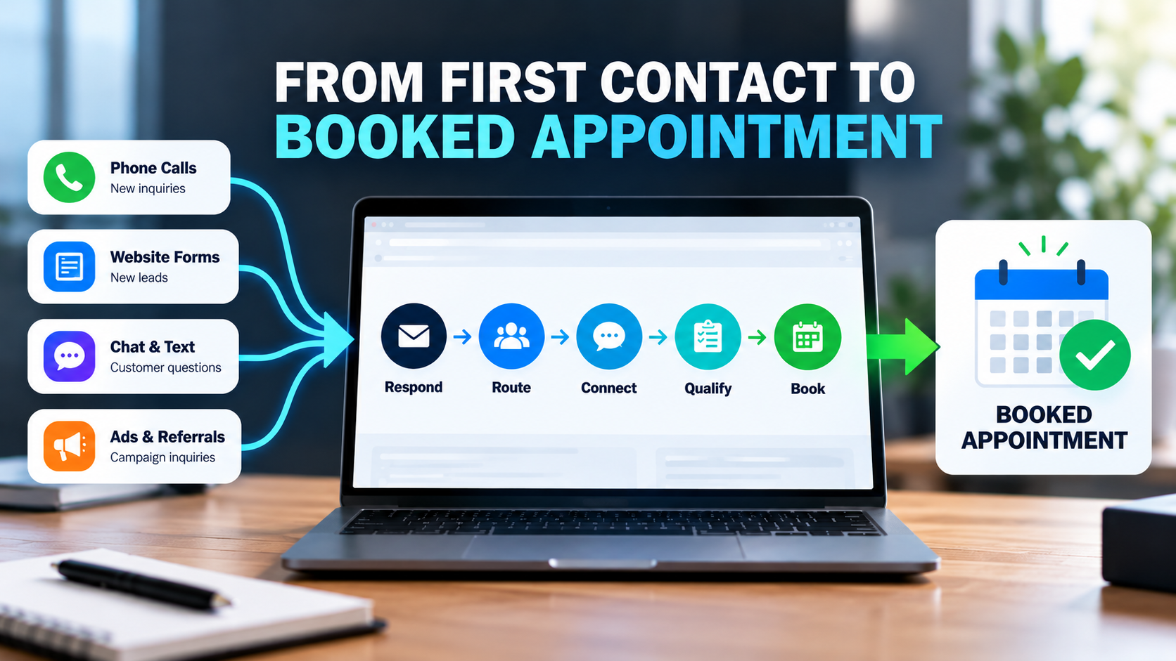 From First Contact to Booked Appointment Lead-to-appointment journey showing phone calls, website forms, chat, texts, ads, and referrals moving through response, routing, conversation, qualification, and scheduling to a booked appointment.