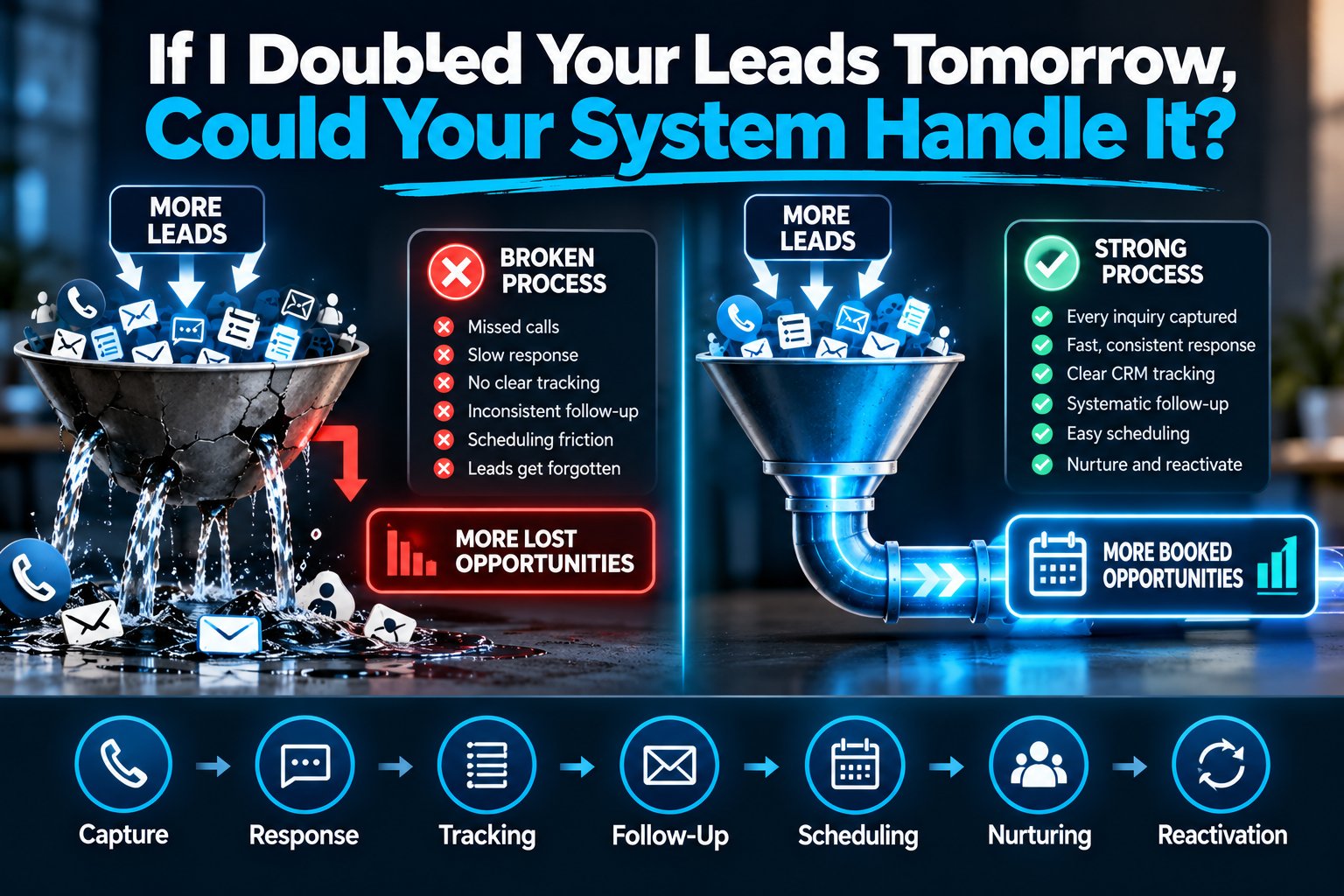 The Lead Stress Test: Could Your System Handle More Leads? Lead stress test comparing a broken lead-conversion process that loses opportunities with a strong process that turns more leads into booked opportunities.