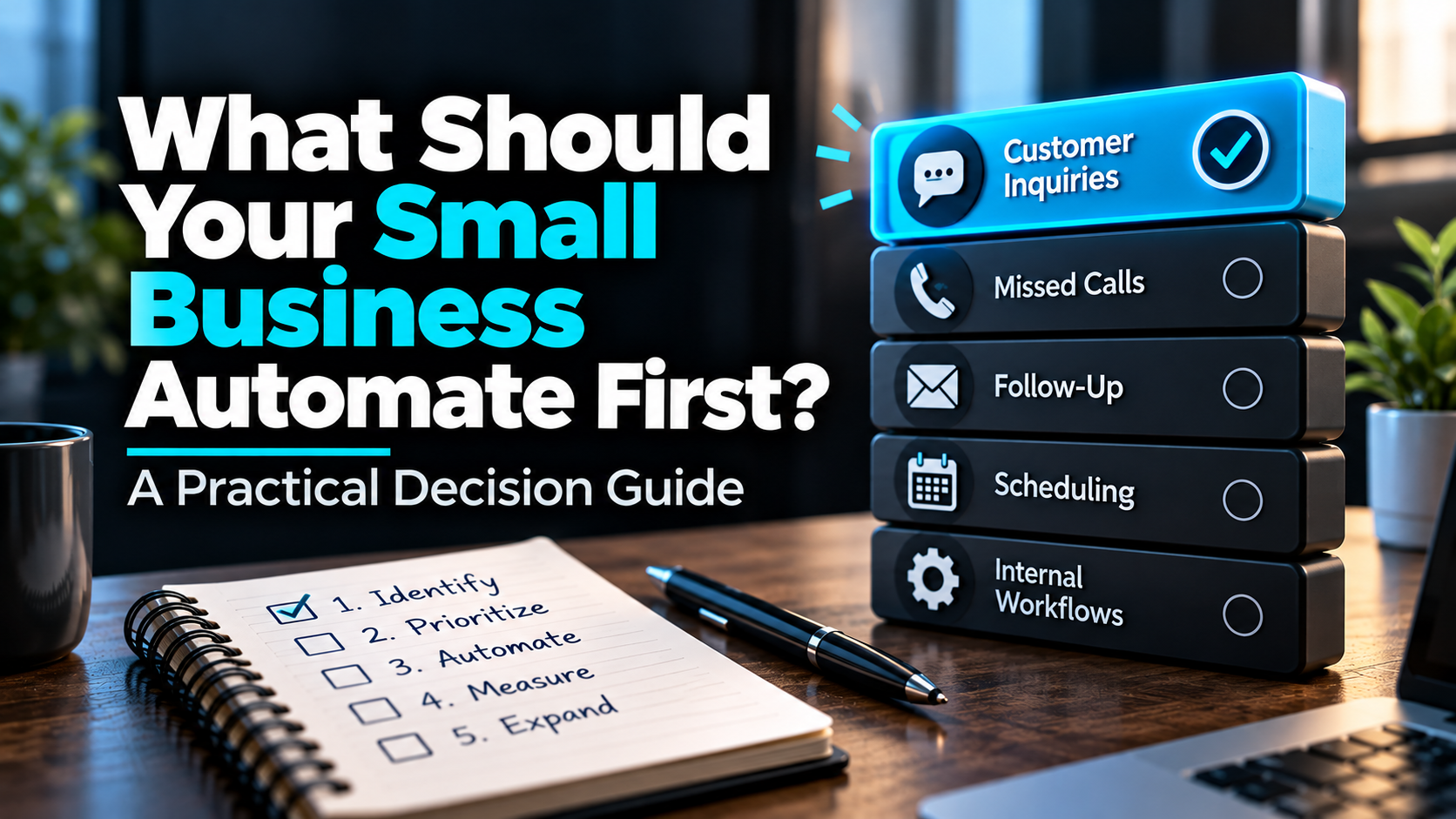What Should Your Small Business Automate First? A Practical Decision Guide What should your small business automate first? A visual checklist prioritizing customer inquiries, missed calls, follow-up, and scheduling.