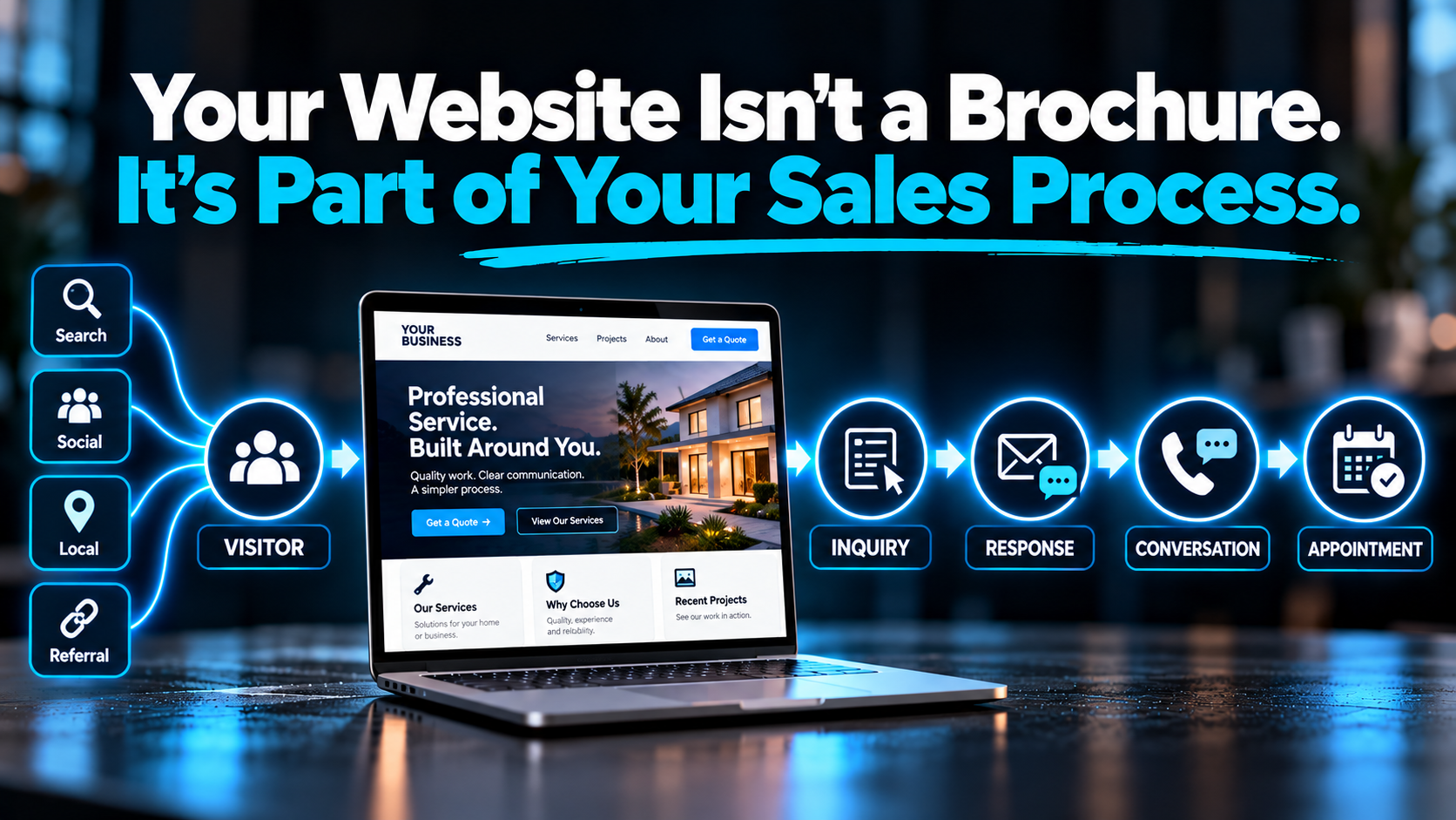 Your Website Isn’t a Brochure. It’s Part of Your Sales Process. Service business website shown as part of a sales process connecting search, social, local, and referral traffic to inquiries, responses, conversations, and appointments.
