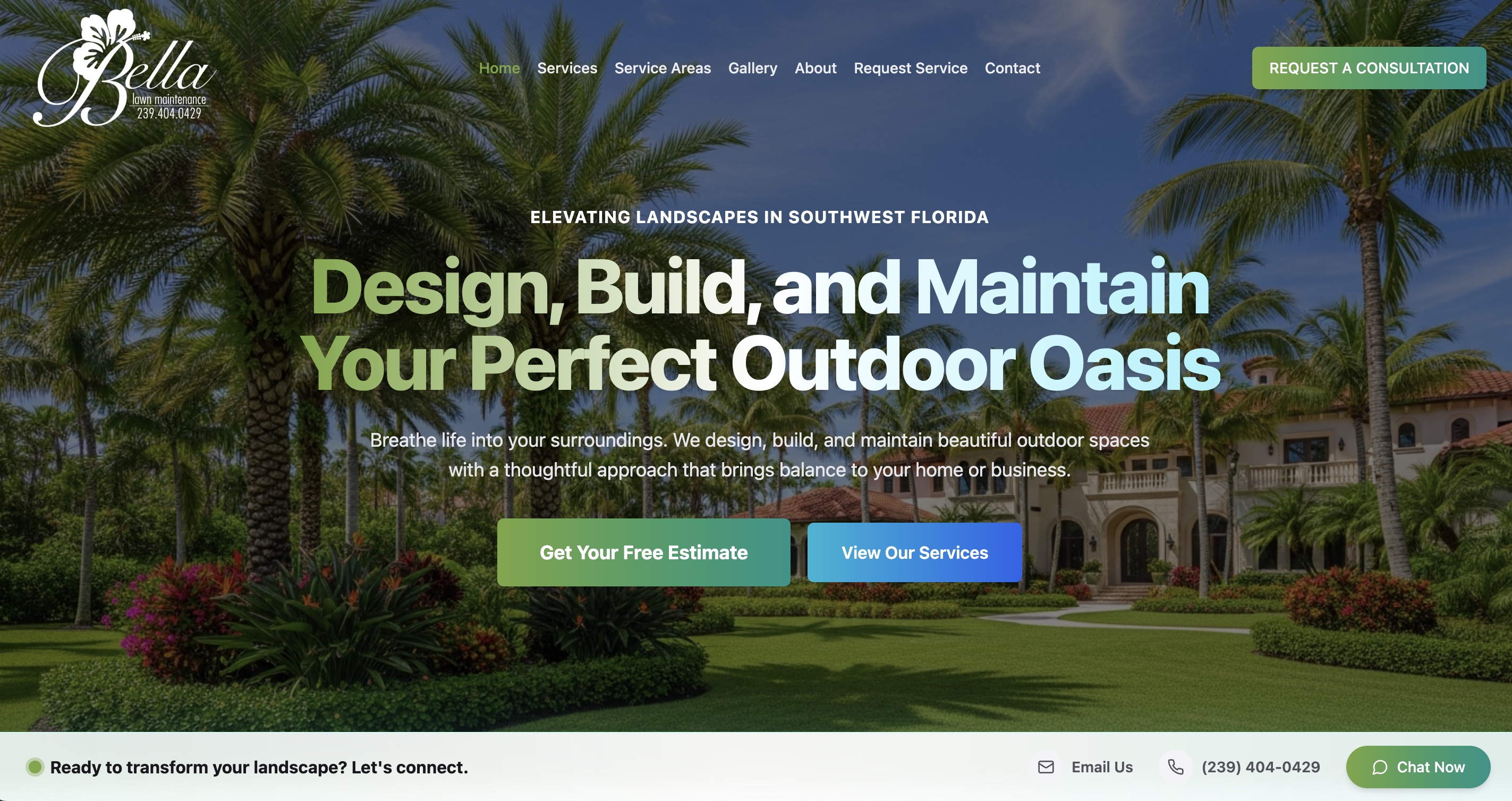 Bella Lawn Maintenance website preview featuring landscape design, build, and maintenance services in Southwest Florida