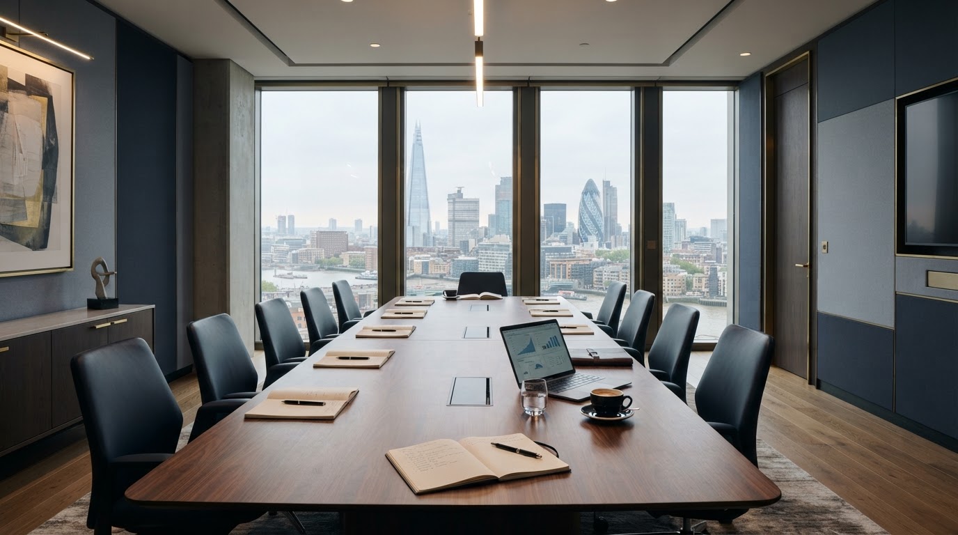 A modern executive boardroom with soft natural light