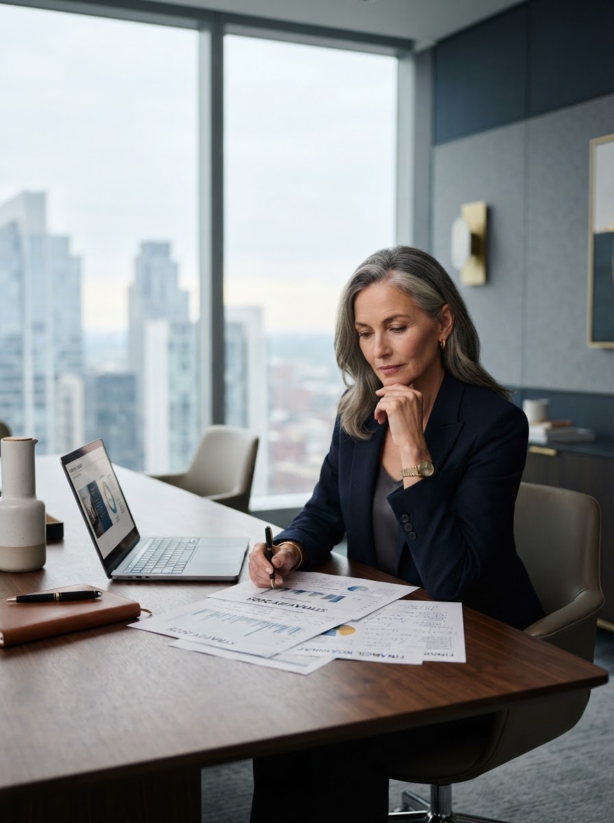 An executive leader reviewing strategy in a modern boardroom
