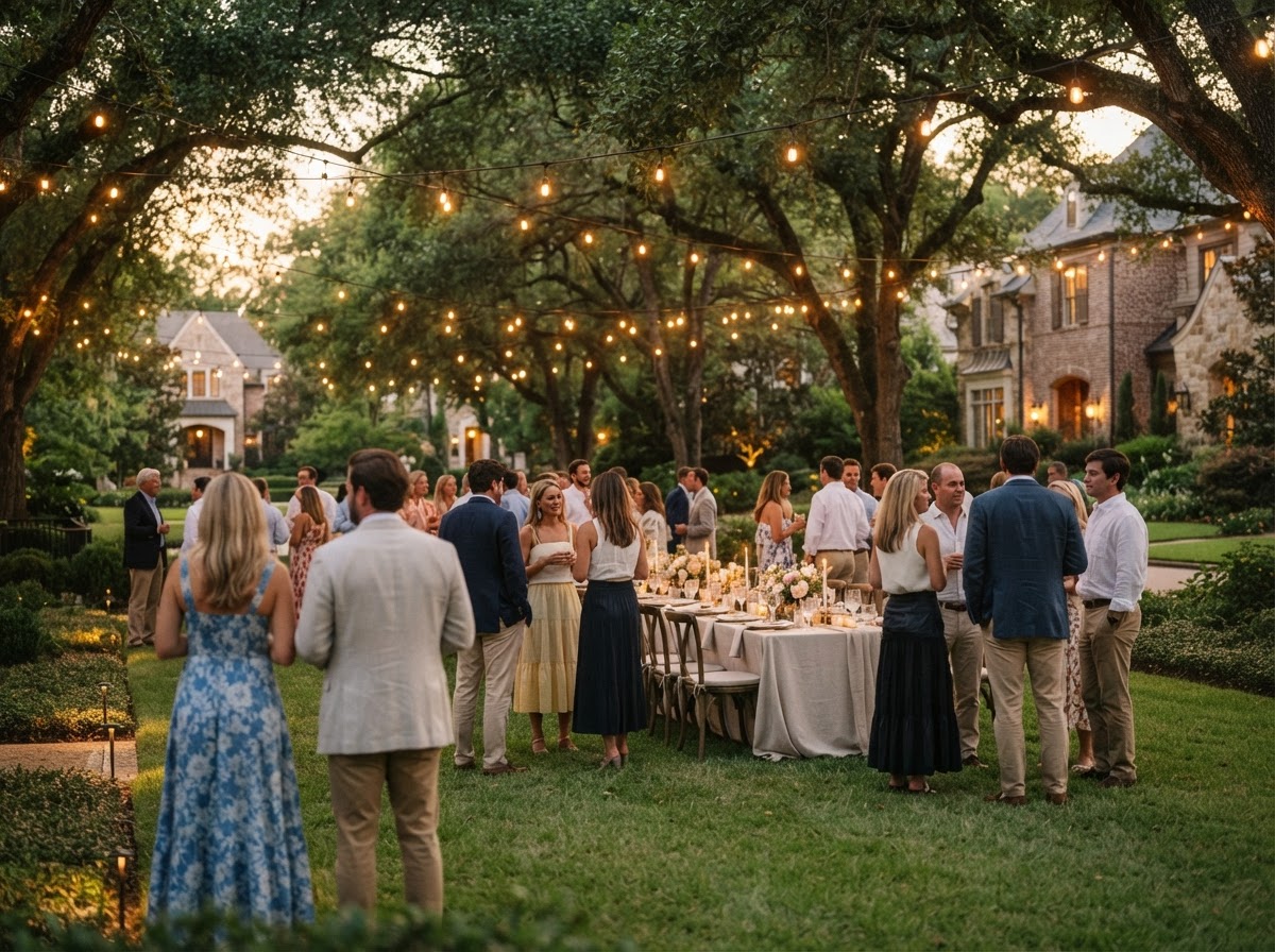 Refined community gathering on a lawn at golden hour