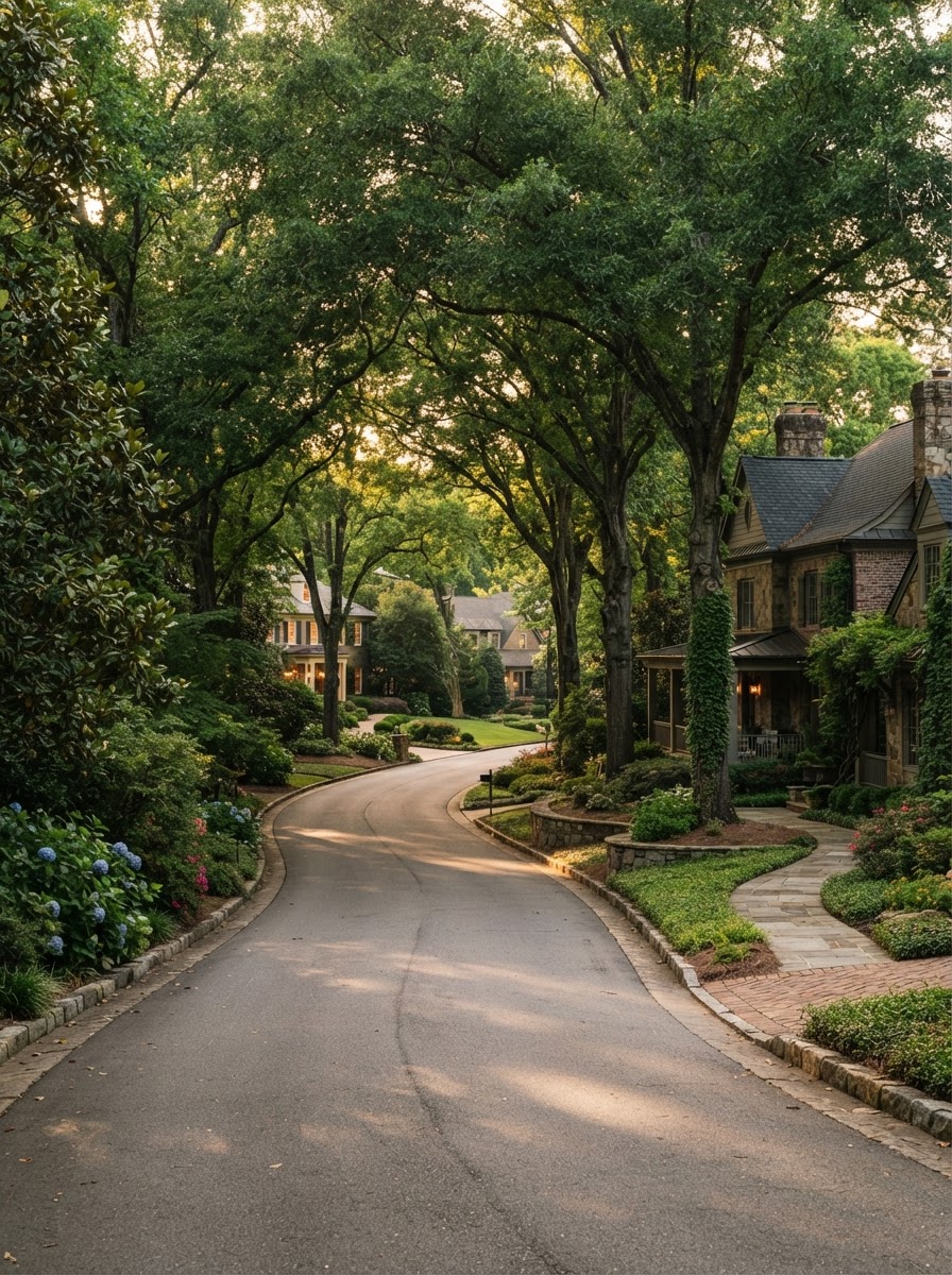 Tall view of a curving residential street beneath a mature hardwood canopy