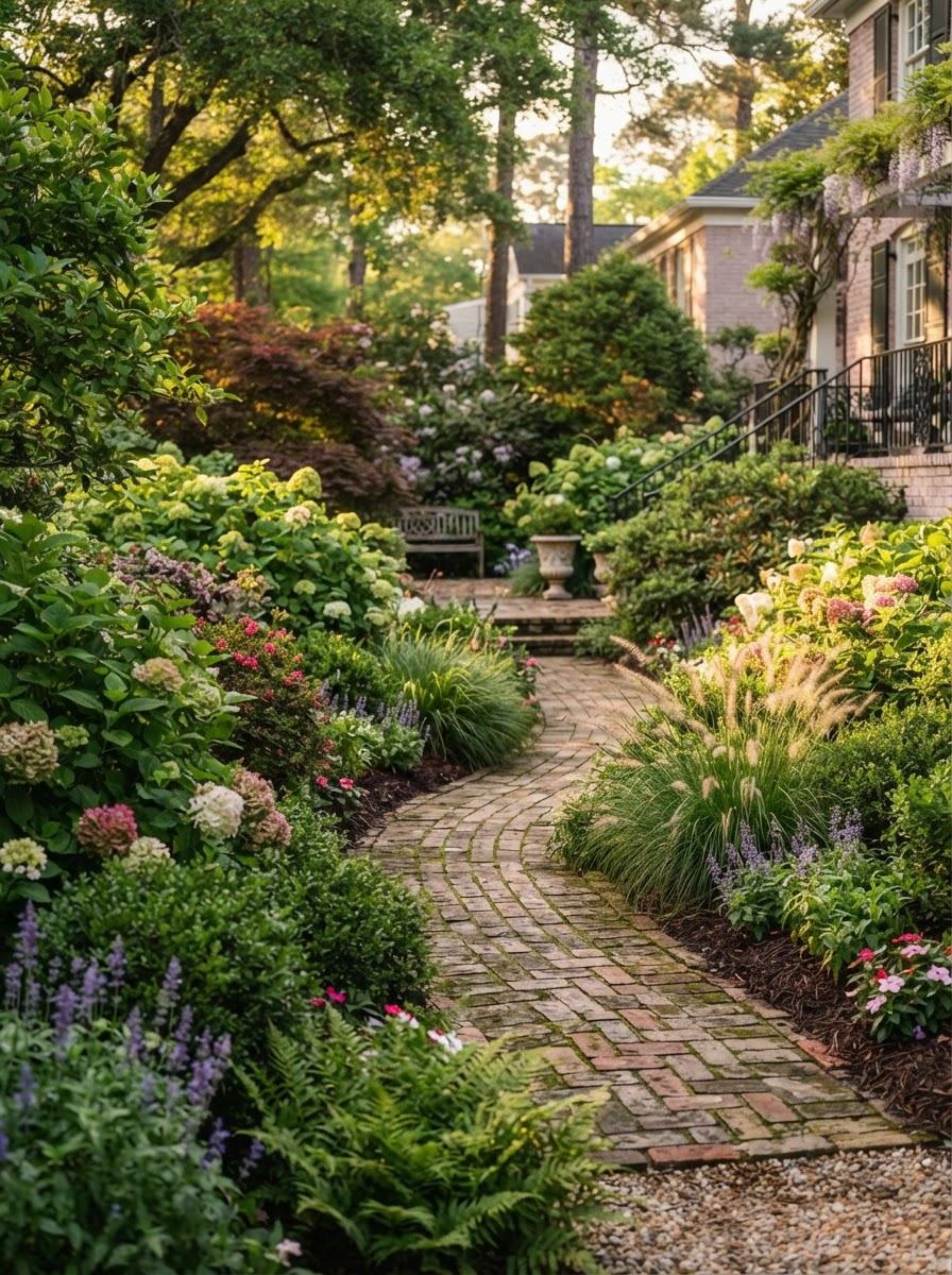 Mature layered landscaping with seasonal color along a brick pathway